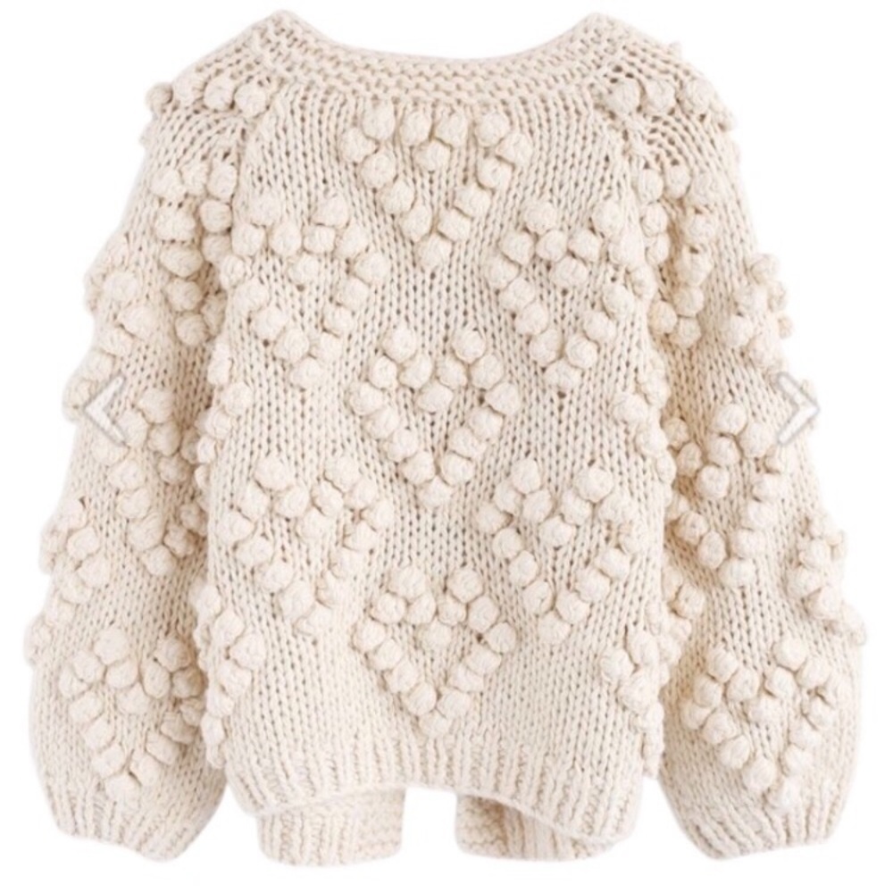 Chicwish Ivory Chunky Popcorn Heart Bubble Knit Long Sleeve Sweater Cardigan - Picture 3 of 7
